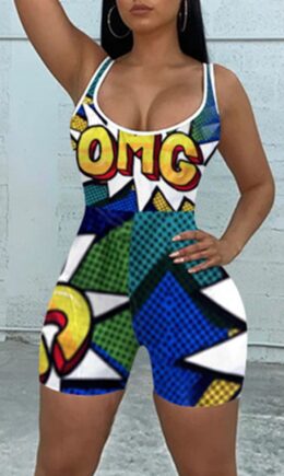 Fashion Casual Print Basic U Neck Sleeveless Skinny Romper