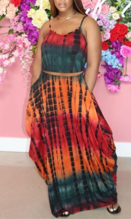 Sexy Casual Print Tie Dye Backless Spaghetti Strap Sleeveless Two Pieces