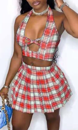 Fashion Sexy Plaid Print Hollowed Out Backless Halter Sleeveless Two Pieces