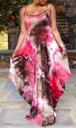 Fashion Sexy Print Tie Dye Backless Spaghetti Strap Irregular Dress