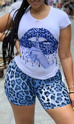 Casual Letter Lips Printed Split Joint O Neck Short Sleeve Two Pieces