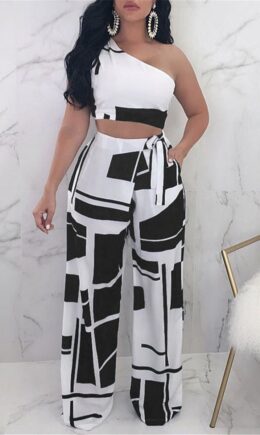 Fashion Casual Print With Bow Oblique Collar Sleeveless Two Pieces