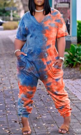 Fashion Casual Print Tie-dye V Neck Loose Jumpsuits