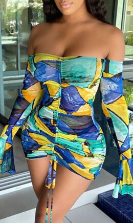 Fashion Sexy Print Draw String Backless Bateau Neck Printed Dress