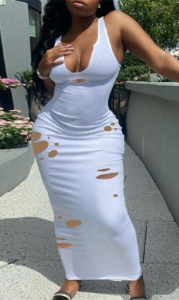 Fashion Sexy Solid Ripped Hollowed Out V Neck Vest Dress