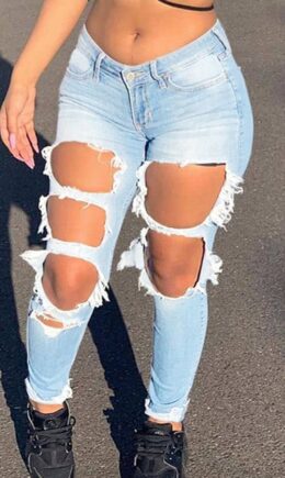 Fashion Casual Solid Ripped Mid Waist Regular Jeans
