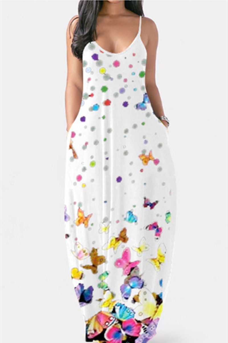 Sexy Casual Butterfly Print Backless Spaghetti Strap Sleeveless Dress ...