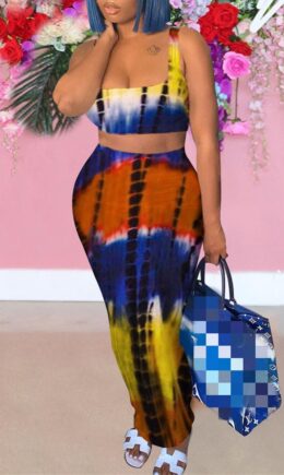 Sexy Casual Print Tie Dye Backless Square Collar Sleeveless Two Pieces