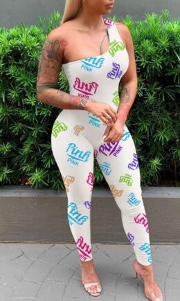 Fashion Casual Letter Print Backless One Shoulder Skinny Jumpsuits