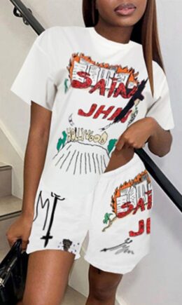 Fashion Casual Print Basic O Neck Short Sleeve Two Pieces