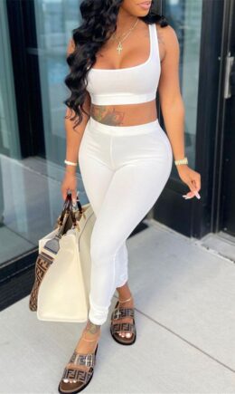 Casual Sportswear Solid Backless Boat Neck Sleeveless Two Pieces