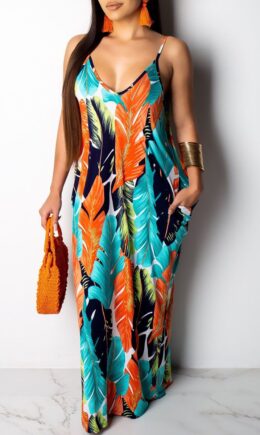 Sexy Fashion Casual Spaghetti Strap Sleeveless Slip A-Line Floor-Length Patchwork Print as