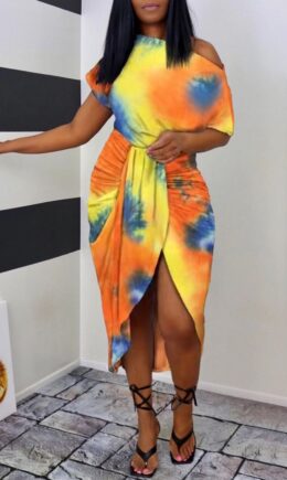 Fashion Casual Print Tie Dye Asymmetrical Oblique Collar Short Sleeve Dress