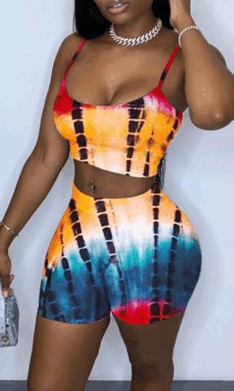 Casual Print Split Joint Spaghetti Strap Sleeveless Two Pieces