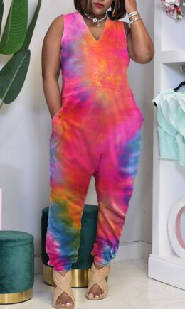 Casual Print Tie-dye O Neck Loose Jumpsuits