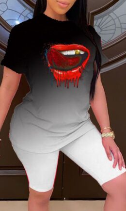 Casual Gradual Change Lips Printed Split Joint O Neck Short Sleeve Two Pieces
