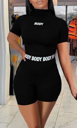 Fashion Casual Letter Print Basic Turtleneck Short Sleeve Two Pieces