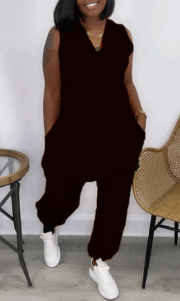 Casual Solid Split Joint V Neck Straight Jumpsuits