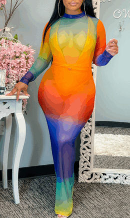 Rainbow Color Sexy Print Split Joint Half A Turtleneck Pencil Skirt Dresses