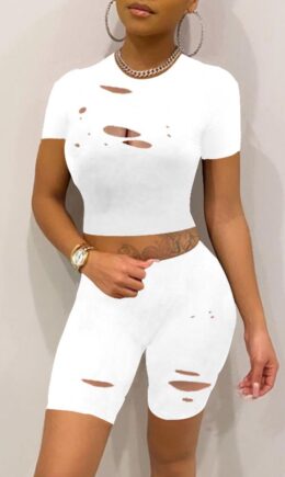 Fashion Casual Solid Ripped O Neck Short Sleeve Two Pieces