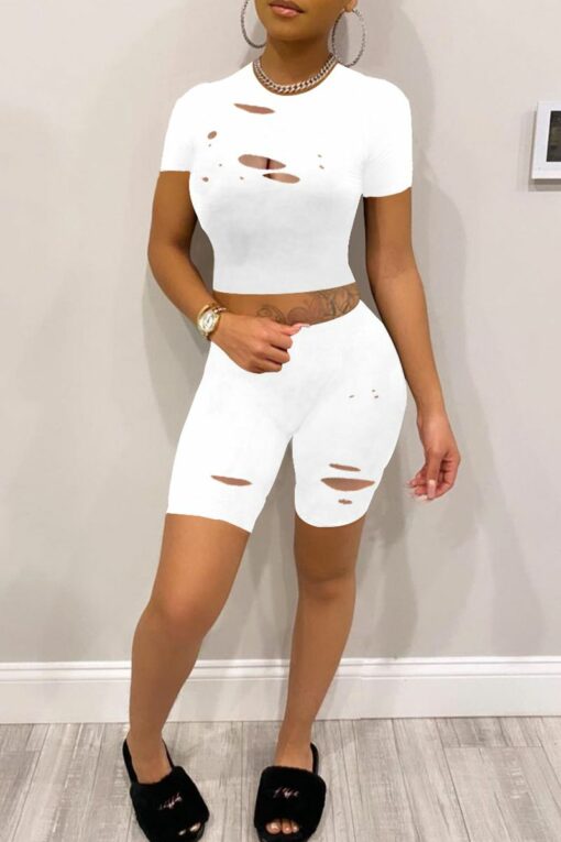 Fashion Casual Solid Ripped O Neck Short Sleeve Two Pieces
