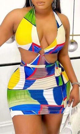 Fashion Sexy Print Backless Halter Sleeveless Dress