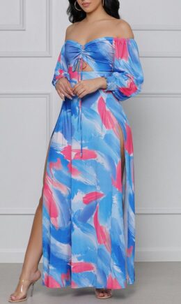 Fashion Sexy Print Hollowed Out Slit Off the Shoulder Long Sleeve Dresses