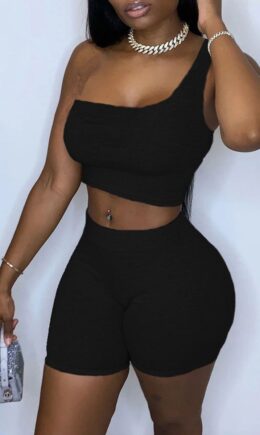 Sportswear Solid Split Joint One Shoulder Sleeveless Two Pieces