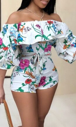 Fashion Sexy Print Patchwork stringy selvedge Half Sleeve one word collar Jumpsuits