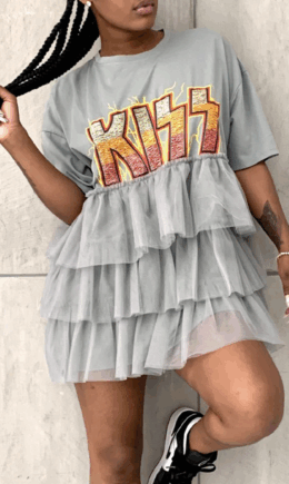 Casual Print Letter O Neck Cake Skirt Dresses