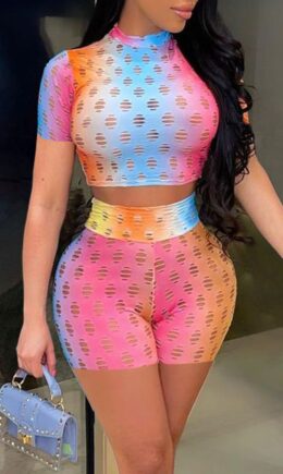 Fashion Casual Print Hollowed Out See-through O Neck Short Sleeve Two Pieces