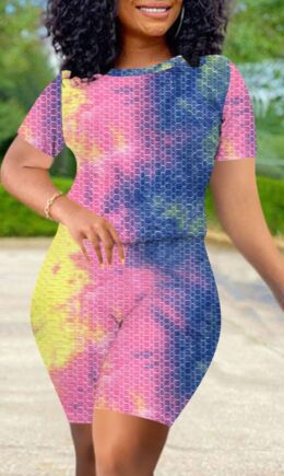 Casual Print Tie Dye Split Joint O Neck Short Sleeve Two Pieces