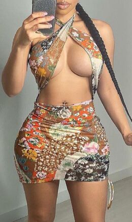 Fashion Sexy Print Hollowed Out Backless Halter Sleeveless Dress