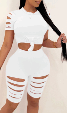 Casual Solid Ripped O Neck Short Sleeve Two Pieces