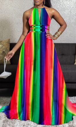 Rainbow Color Fashion Sexy Print Hollowed Out Backless Halter Sleeveless Dress