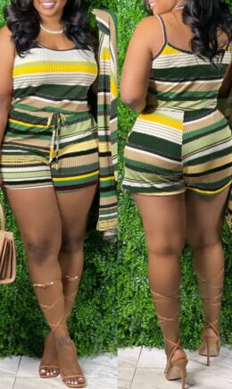 Sexy Casual Striped Print Basic O Neck Sleeveless Two Pieces (Without Coats)