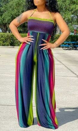Sexy Casual Print Backless Halter Regular Jumpsuits