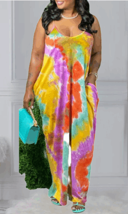 Casual Patchwork Tie-dye Spaghetti Strap Straight Dresses
