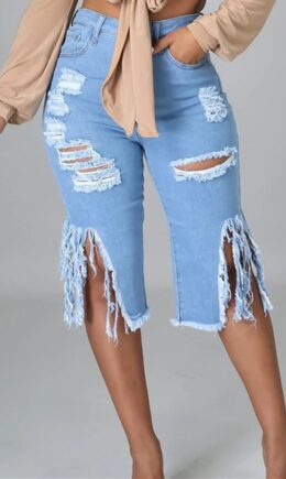 Color Fashion Casual Solid Tassel Ripped High Waist Jeans