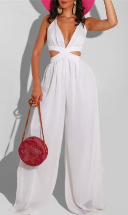 Sexy Casual Solid Backless V Neck Regular Jumpsuits