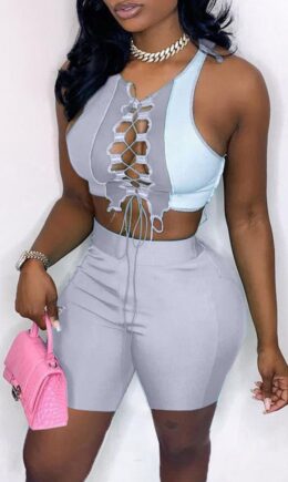 Fashion Casual Patchwork Hollowed Out O Neck Sleeveless Two Pieces