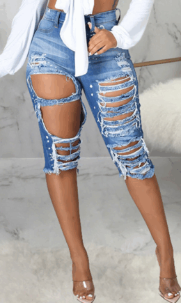 Casual Solid Ripped Mid Waist Skinny Denim Shorts