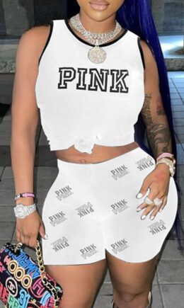Fashion Casual Letter Print Basic O Neck Sleeveless Two Pieces