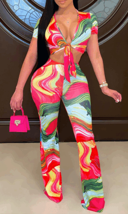 Sexy Print Bandage V Neck Sleeveless Two Pieces