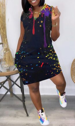 Fashion Casual Print Basic V Neck Sleeveless Dress