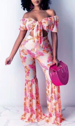 Fashion Sexy Print Backless Off the Shoulder Short Sleeve Two Pieces