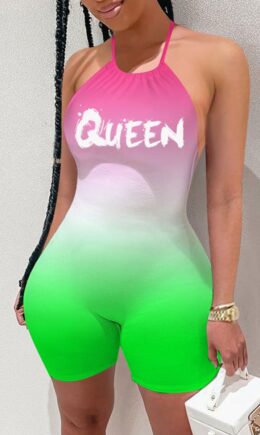 Sexy Gradual Change Letter Print Split Joint Halter Skinny Jumpsuits