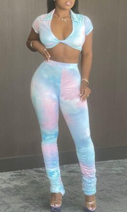 Fashion Print Tie Dye Fold Turndown Collar Sleeveless Two Pieces