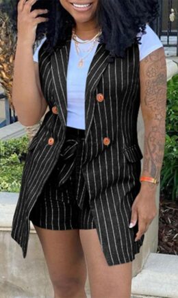 Fashion Casual Striped Print Cardigan Sleeveless Two Pieces