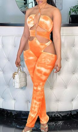 Fashion Sexy Print Hollowed Out Backless Halter Skinny Jumpsuits